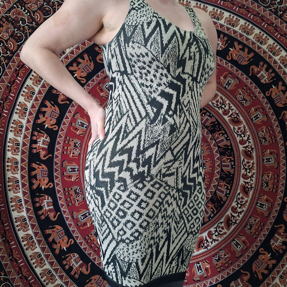 Vintage Guess Bodycon Abstract Animal Print Stretchy Midi Tank Dress